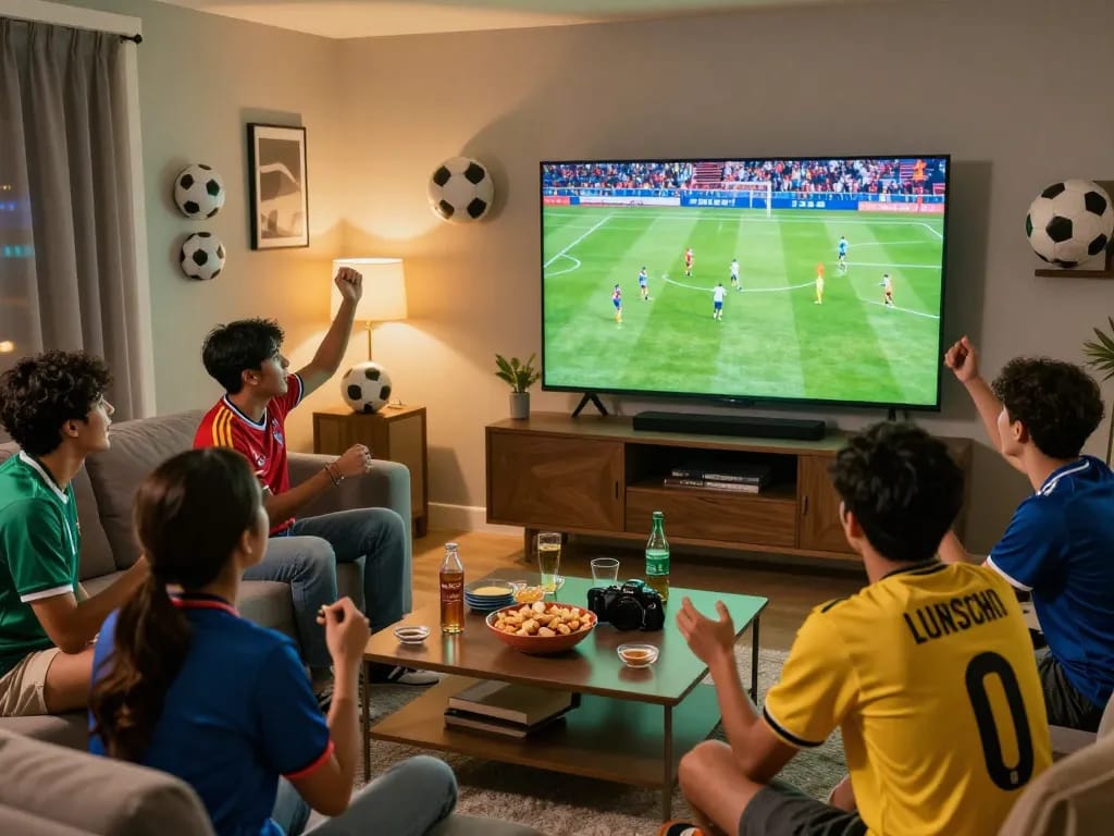 Friends enjoying a lively football match on Luongson TV, showcasing excitement and camaraderie.