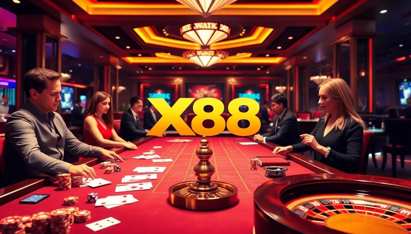 X88 casino scene showcasing poker chips and a roulette wheel in an exciting atmosphere