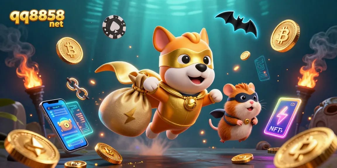 Play exciting casino games with qq8858 net featuring a superhero dog flying with gold coins.
