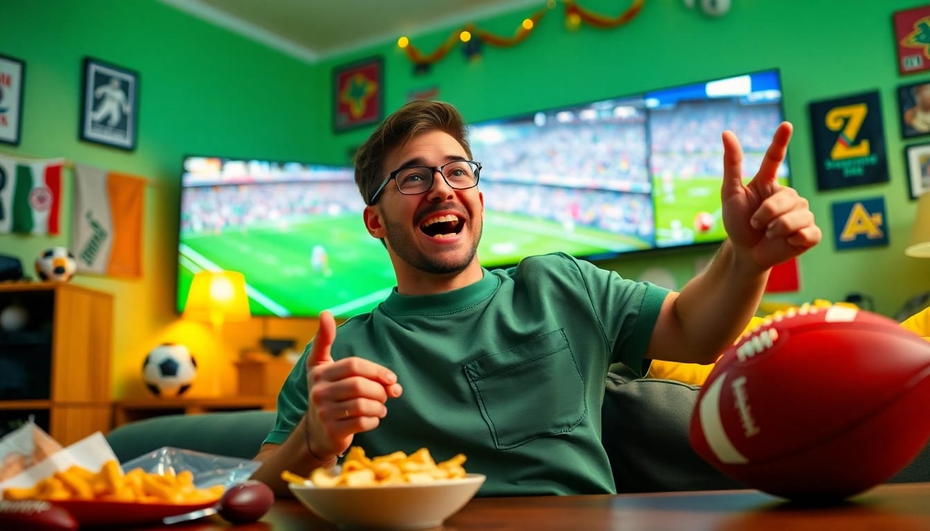Excited fan watching live football on vaoluoi tv in a vibrant living room.