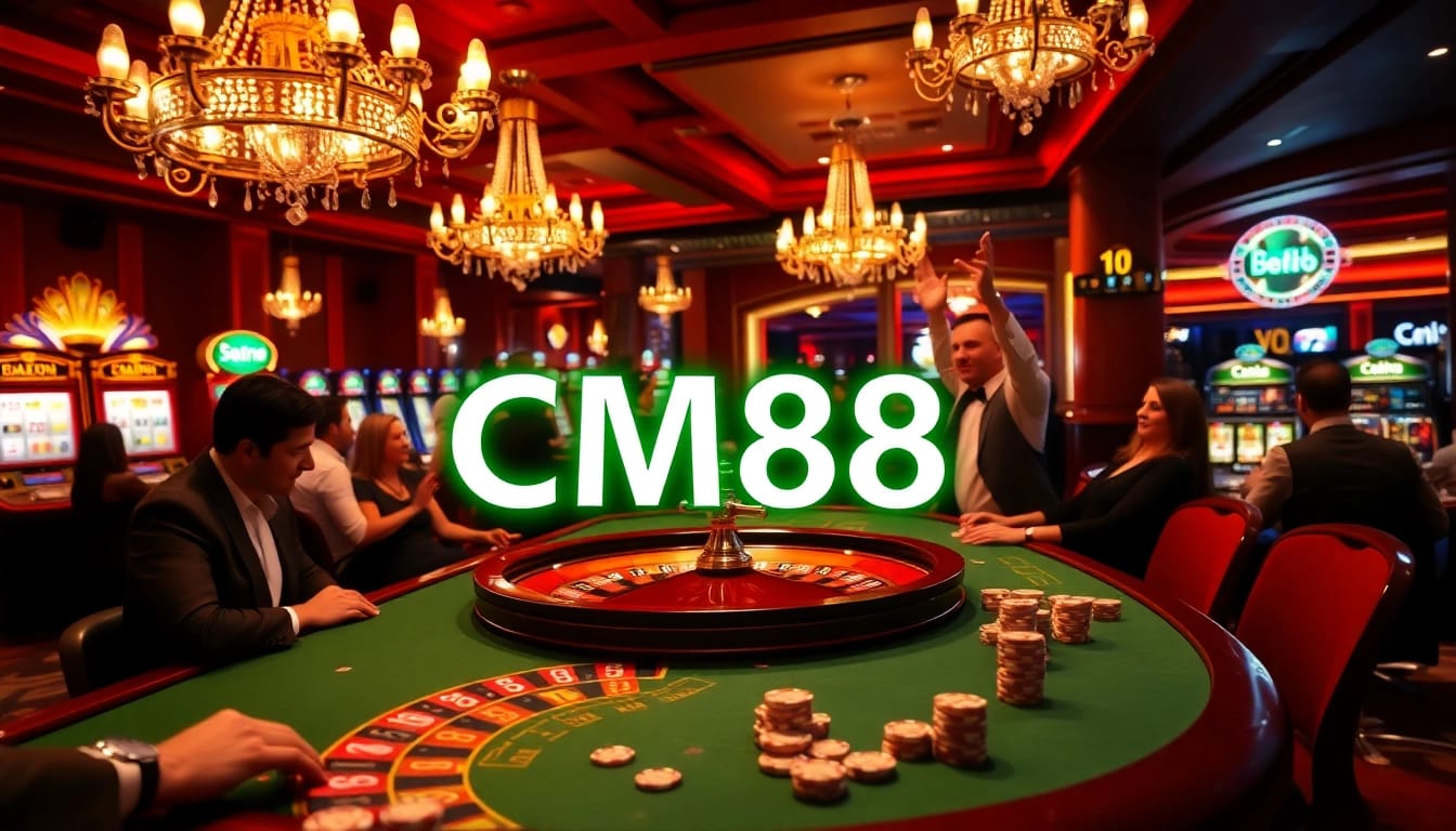 CM88 casino scene with players at a roulette table, vibrant lights from slot machines in the background.