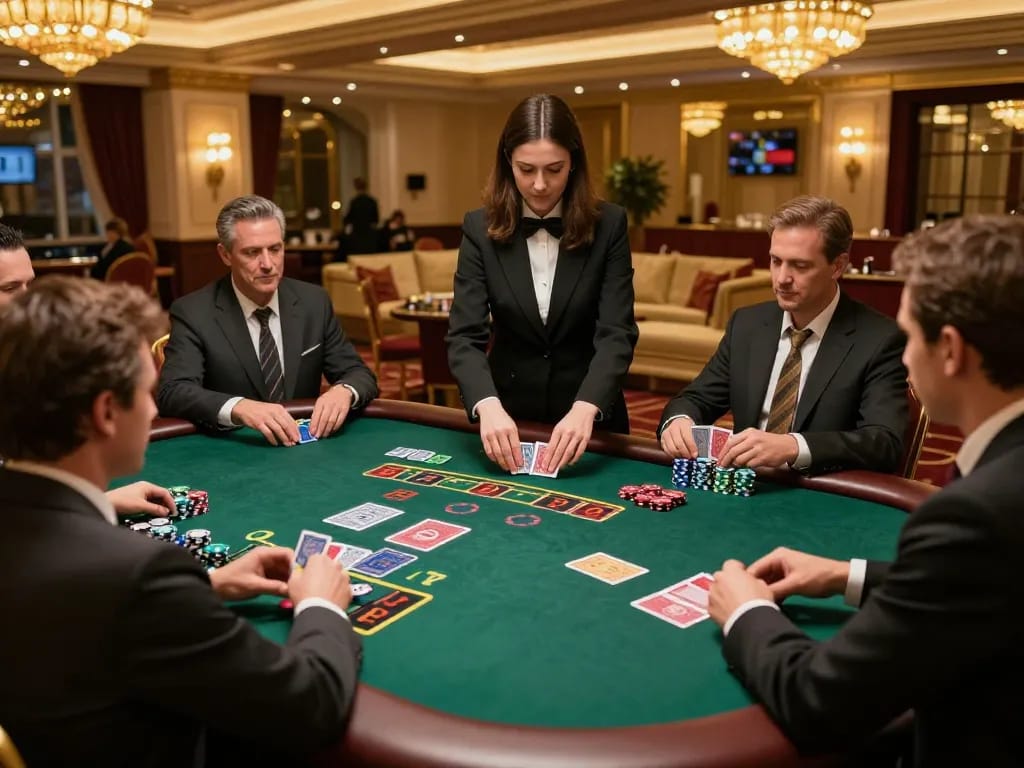Players engaging in blackjack at 678vip casino featured with elegant dealer and luxurious atmosphere.