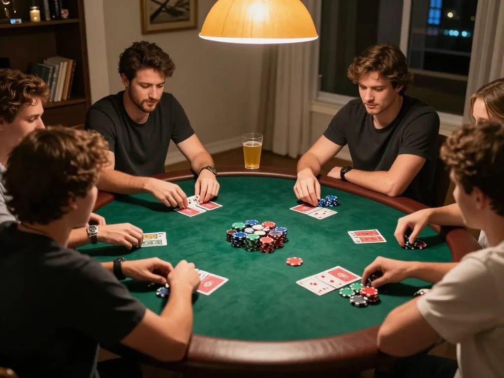 Friends enjoying a lively poker night at home featuring a Soc88 experience with competitive gameplay.