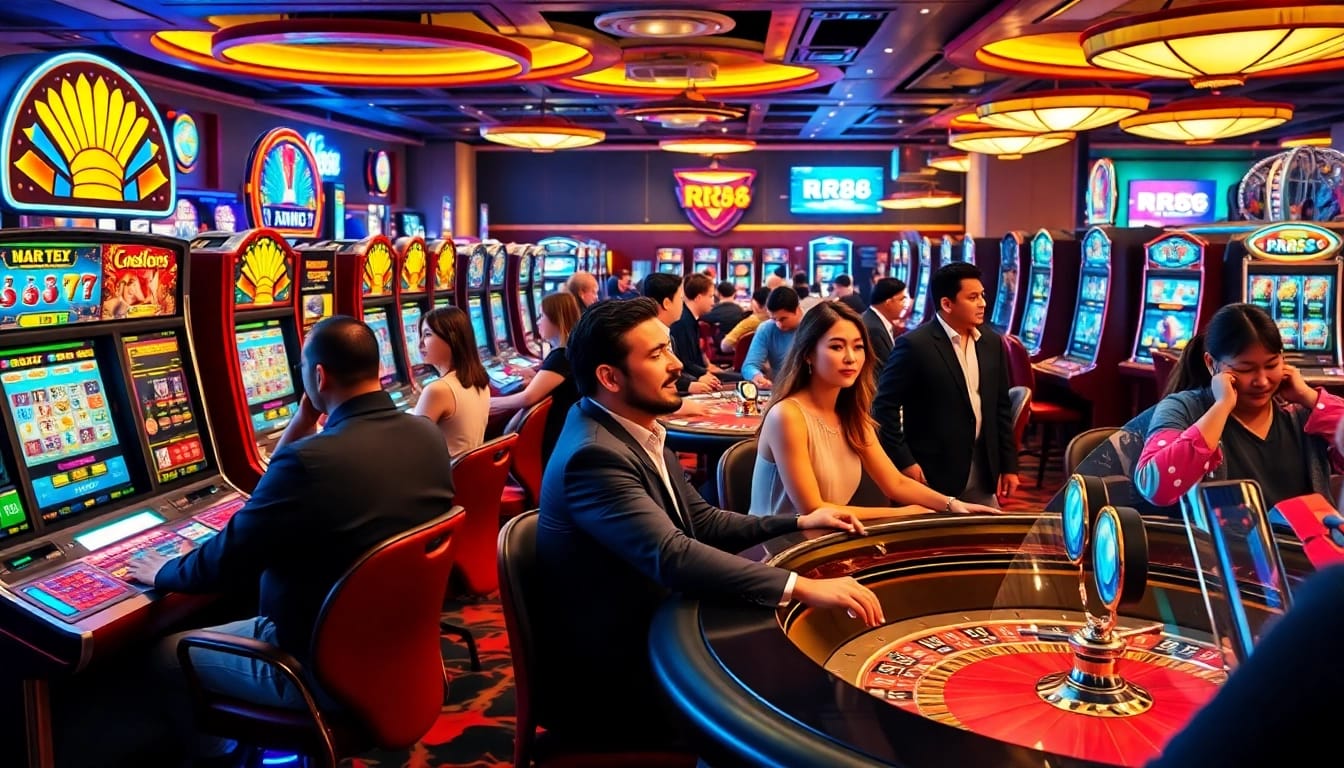 Players enjoying a thrilling gambling experience at https://rr88sa.com/ with exciting slot machines and poker tables.