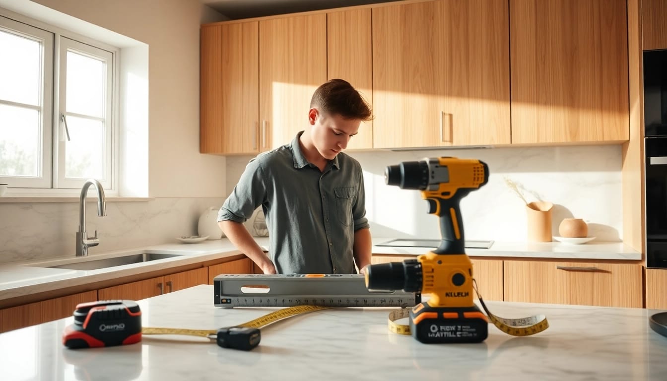 Professional kitchen fitters installing modern cabinets in a stylish kitchen.