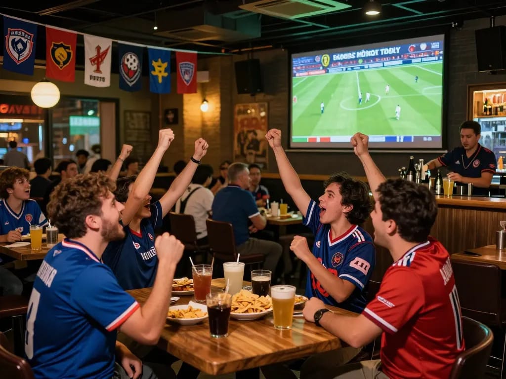 Fans cheering for trực tiếp bóng đá hôm nay at a lively sports bar, surrounded by team decorations and snacks.