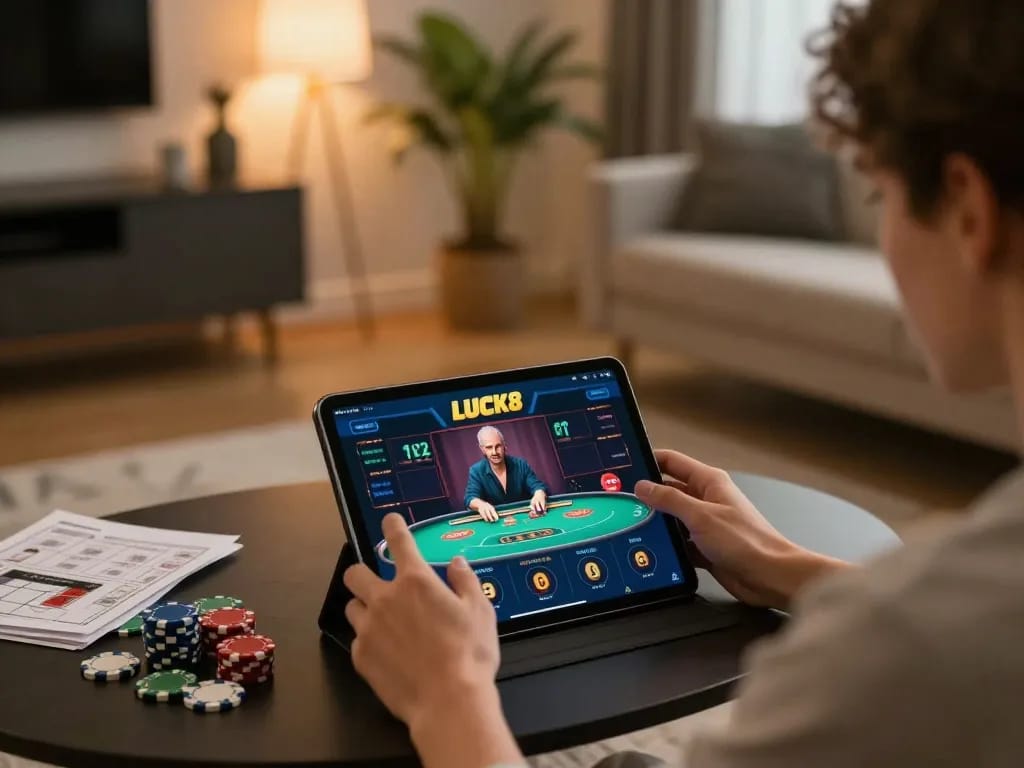 Engaging with LUCK8 casino app on tablet in a warm, inviting home setup.