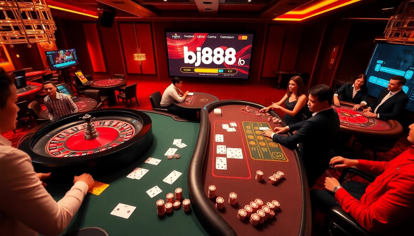 Players interacting with live dealers at an exciting casino setting on https://bj88b.com/ featuring roulette and poker tables.