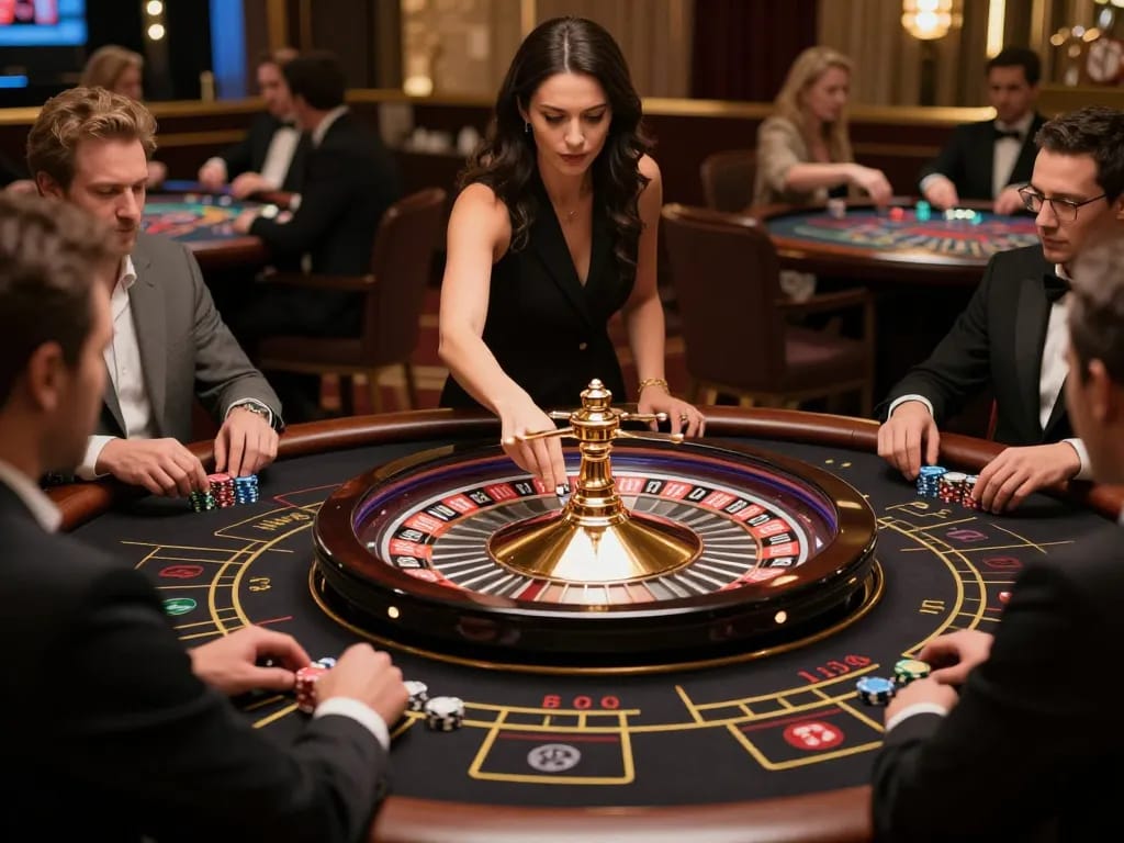 Engaged players placing bets at mb66 casino roulette table with vibrant casino atmosphere