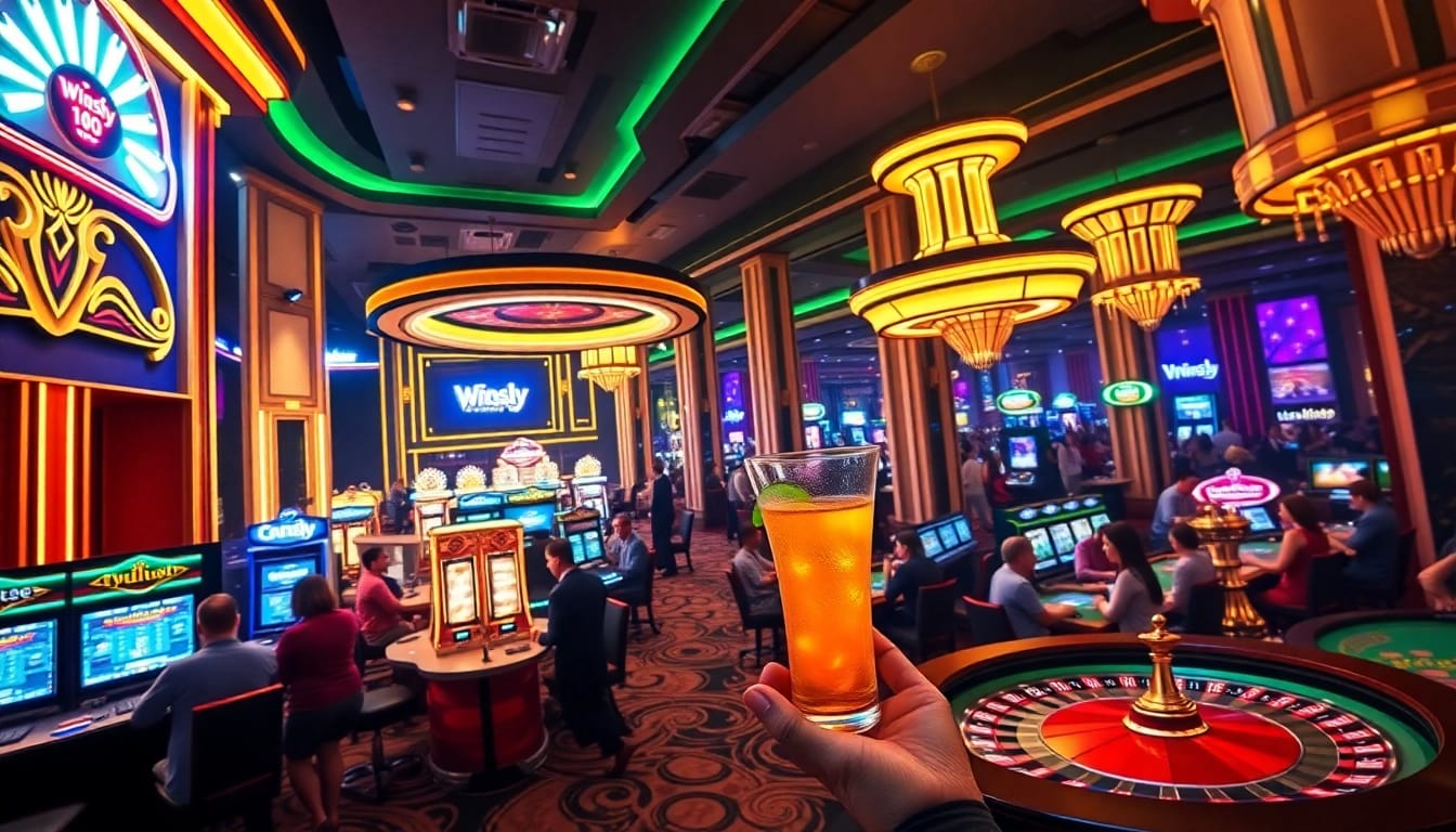 Experience the excitement of Winsly Casino with players engaging in thrilling card games and vibrant slot machines.