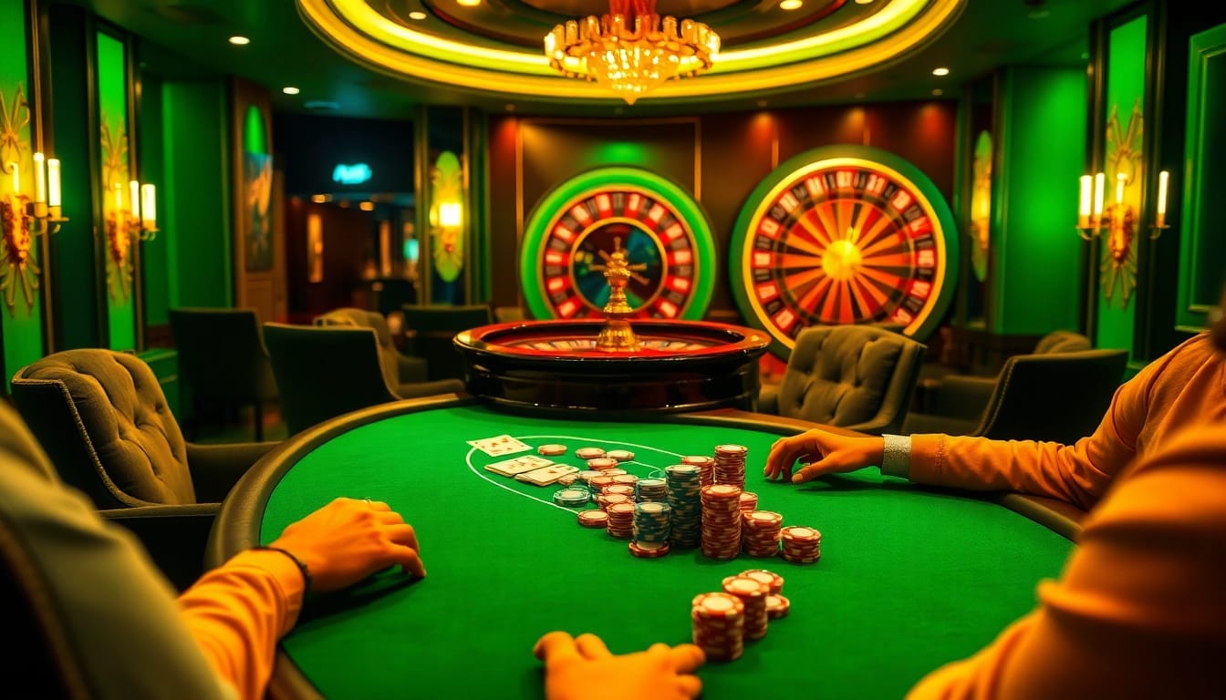 Exciting poker action at Monsino Casino with players, chips, and vibrant atmosphere.