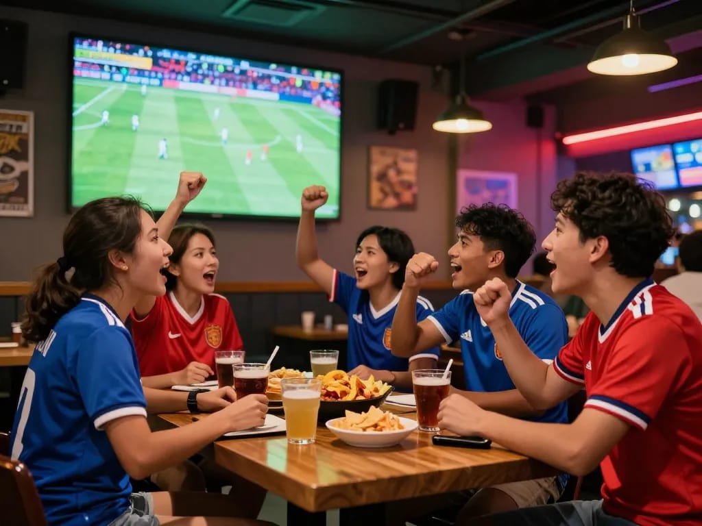 Excited fans enjoying trực tiếp bóng đá hôm nay in a lively sports bar atmosphere.