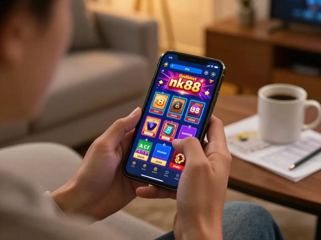Player enjoying nk88 mobile casino app, illustrating a vibrant and engaging online gaming atmosphere.