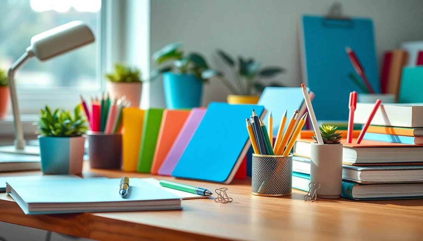 A beautifully arranged office stationery UK workspace with colorful notebooks and elegant pens.