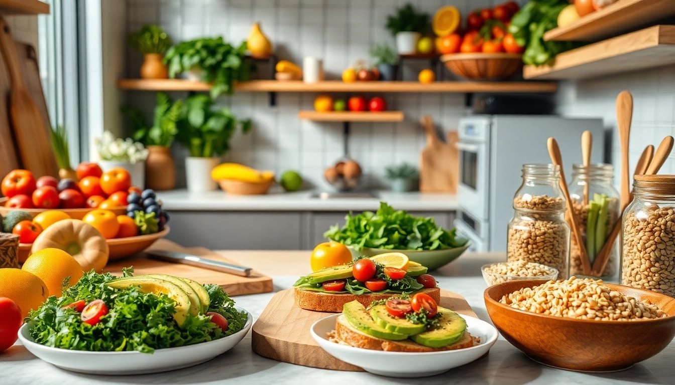 Vibrant kitchen scene with colorful healthy food options like salads, avocados, and quinoa bowls.
