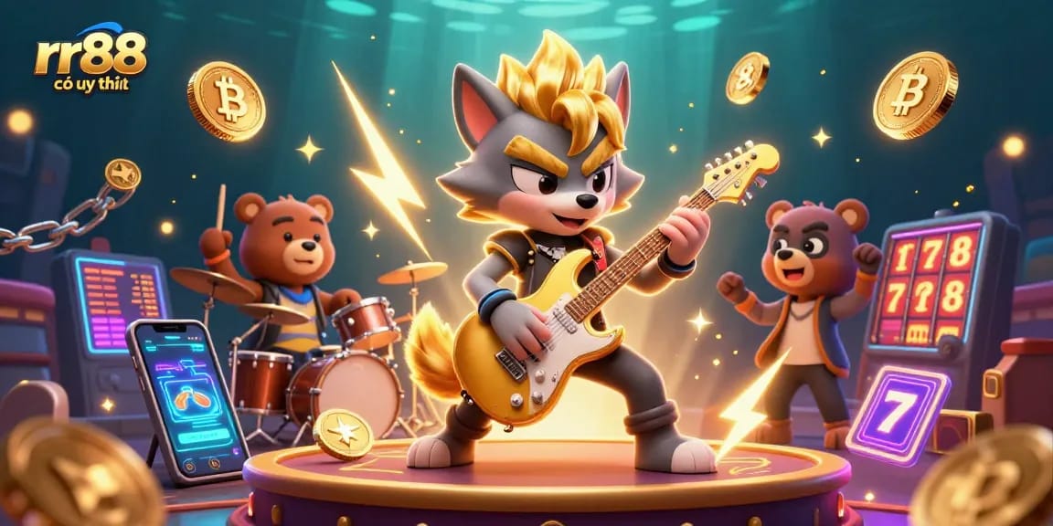 Experience rr88 có uy tín with vibrant casino action featuring rock star characters and crypto elements in a dynamic scene.