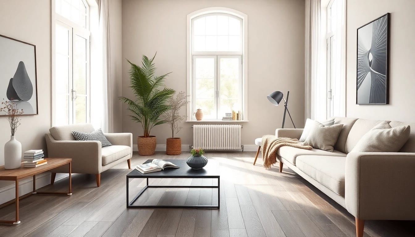 Showcasing beautiful grey oak LVP flooring in a modern living room from flooring stores near me.