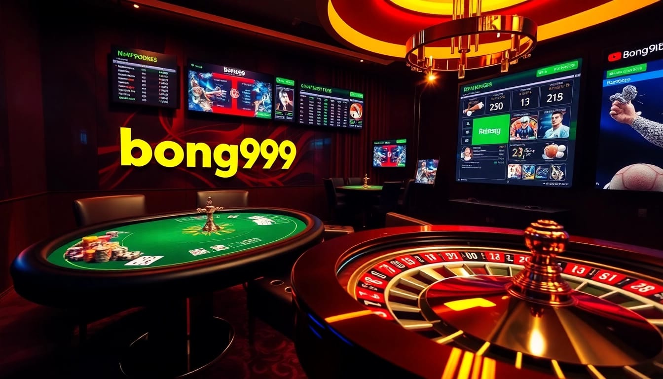 Bong99 sports betting excitement displayed on a vibrant digital casino interface with cards and chips.