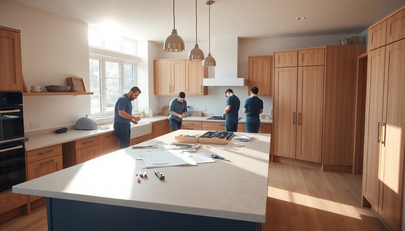 Kitchen fitters expertly installing modern cabinetry in a beautifully lit kitchen.
