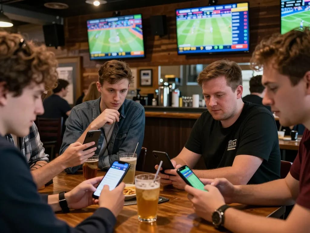 Sports bettors using the Net88 app for live betting during a game, showcasing excitement in a lively bar