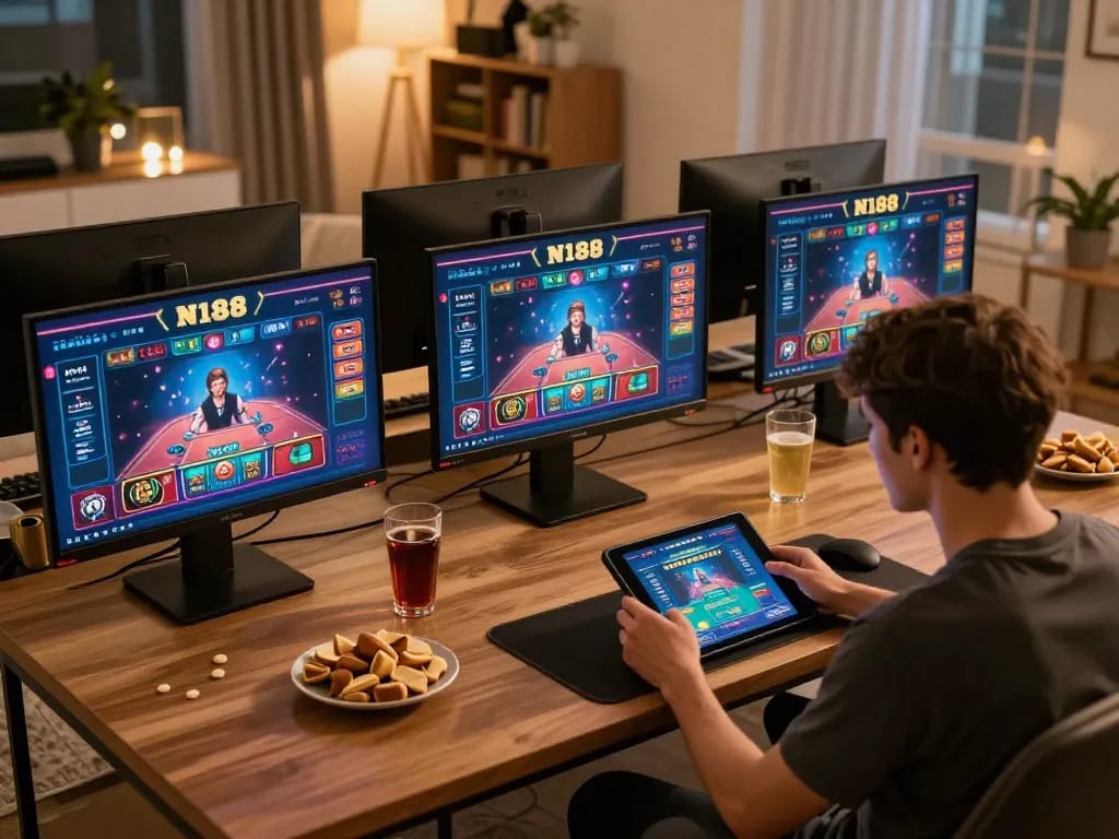 N188 players engaging with live dealer games on multiple screens at home, creating an immersive online gambling atmosphere.