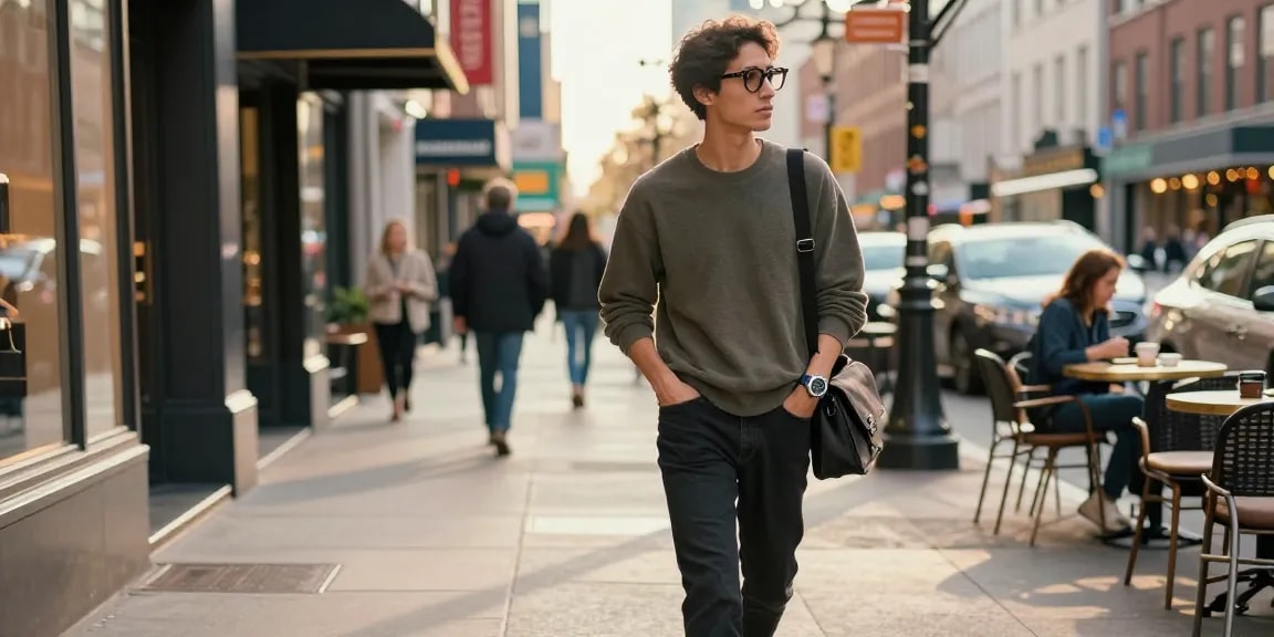 Person wearing a super clone watch, confidently walking in an urban setting, highlighting style and luxury.