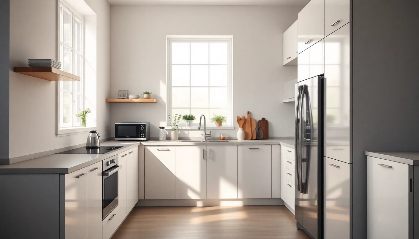 Showcase бяла техника appliances in a contemporary kitchen with elegant design and functional layout.