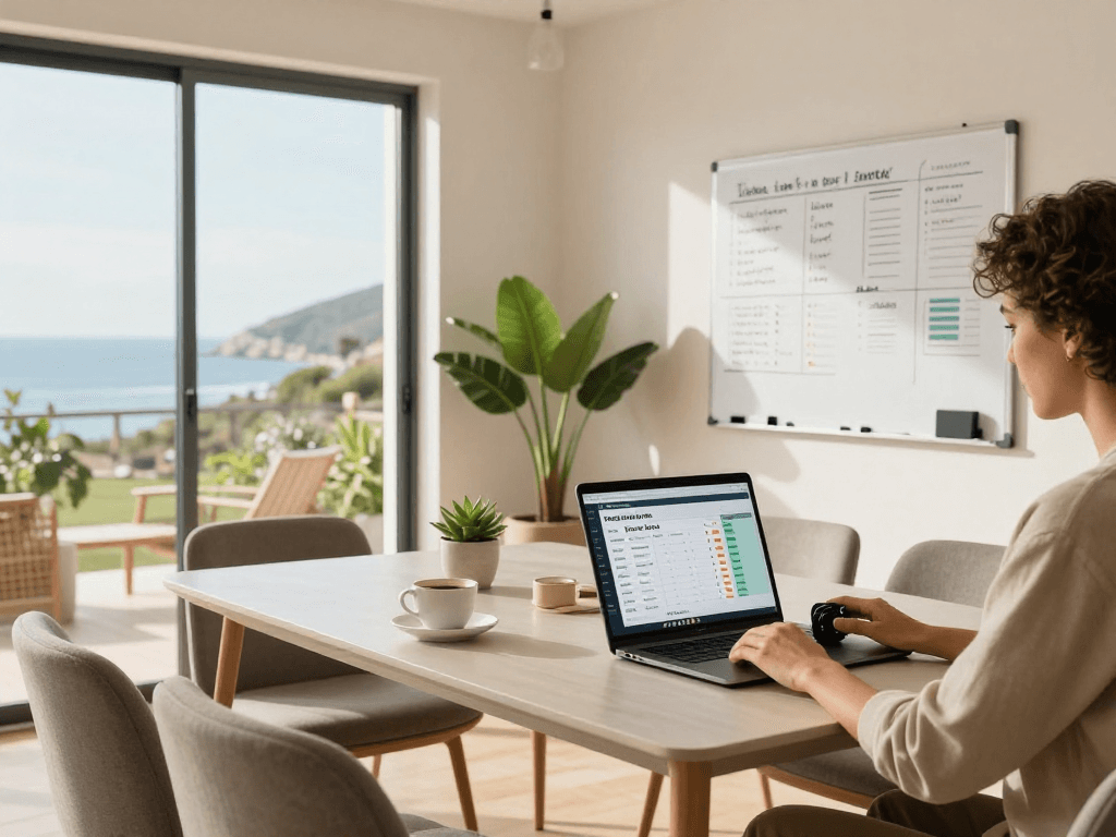 Furnished holiday let tax calculator in a stylish home office with a scenic view, enhancing income efficiency.
