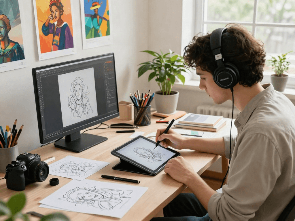 Digital artist creating AI NSFW illustrations in a vibrant studio.