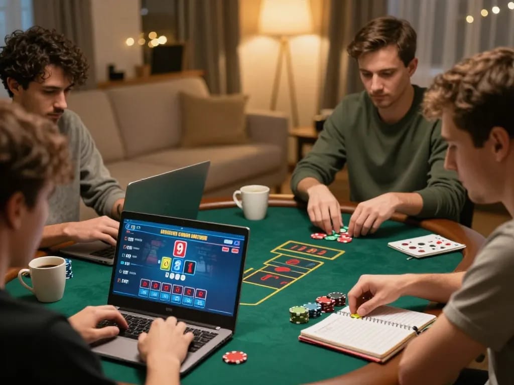 Players strategizing in a cozy home poker game featuring MB66 platform on their laptops.