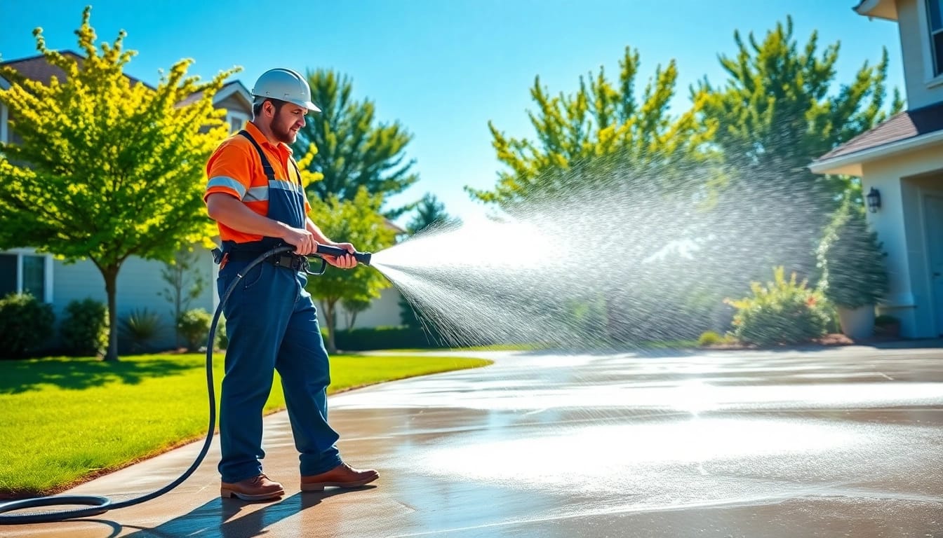 Witness a technician performing pressure washing, revitalizing a driveway's appearance with powerful water spray action.