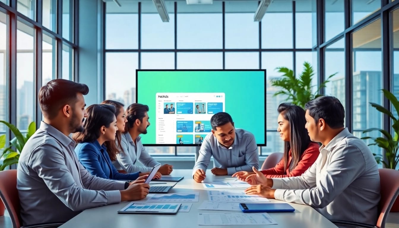 A dynamic digital marketing team promoting Hela Ads in a modern office, showcasing collaboration and innovation in Sri Lanka.