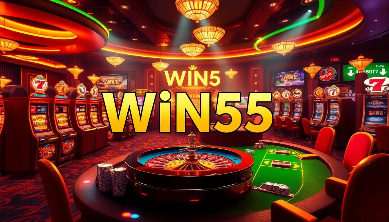 Win55 players immersed in a thrilling casino atmosphere with poker chips and slot machines.