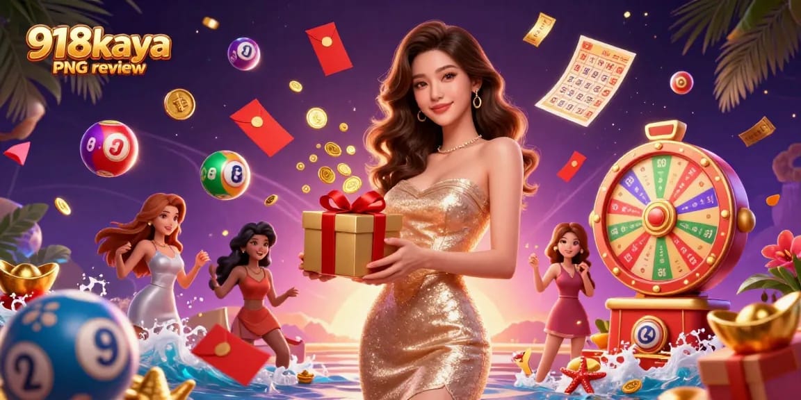 918kaya PNG review showcasing a vibrant online casino scene with festive elements and slot game visuals.