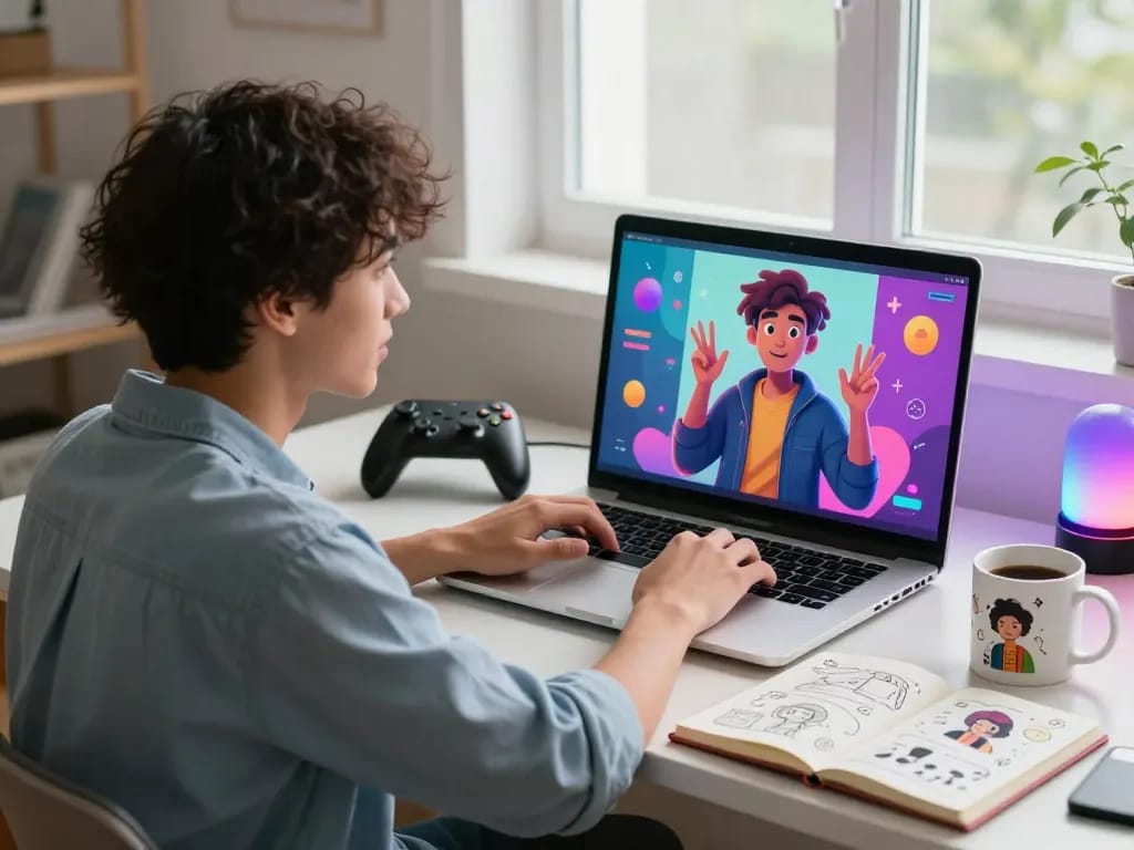 Engaging NSFW character AI chat experience in a cozy home office with animated visuals and creativity.