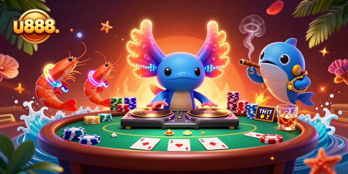 Engage with u888. at a vibrant, neon-lit underwater casino scene featuring dancing characters and gaming elements.