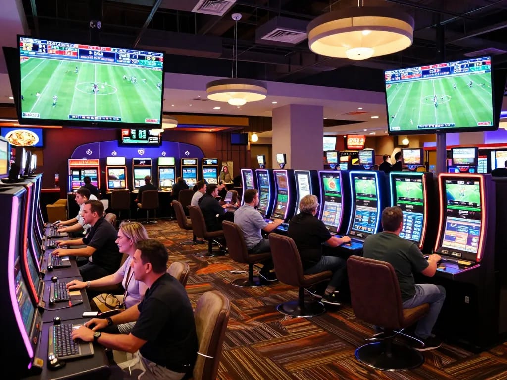 Engaged bettors placing wagers at a sports betting lounge while enjoying live matches on screens, showcasing trang cá cược bóng đá excitement