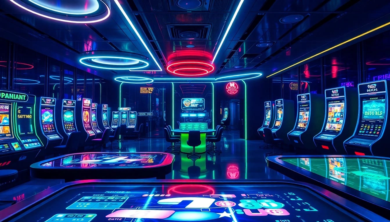 Exploring new technology in a futuristic gambling setting with advanced gaming interfaces.