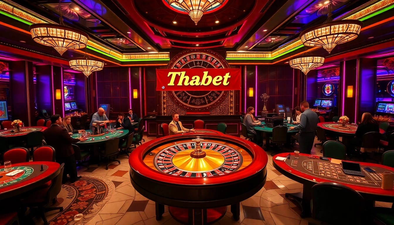 Thabet-themed casino scene showcasing players at roulette and dice games, highlighting the excitement of gambling.