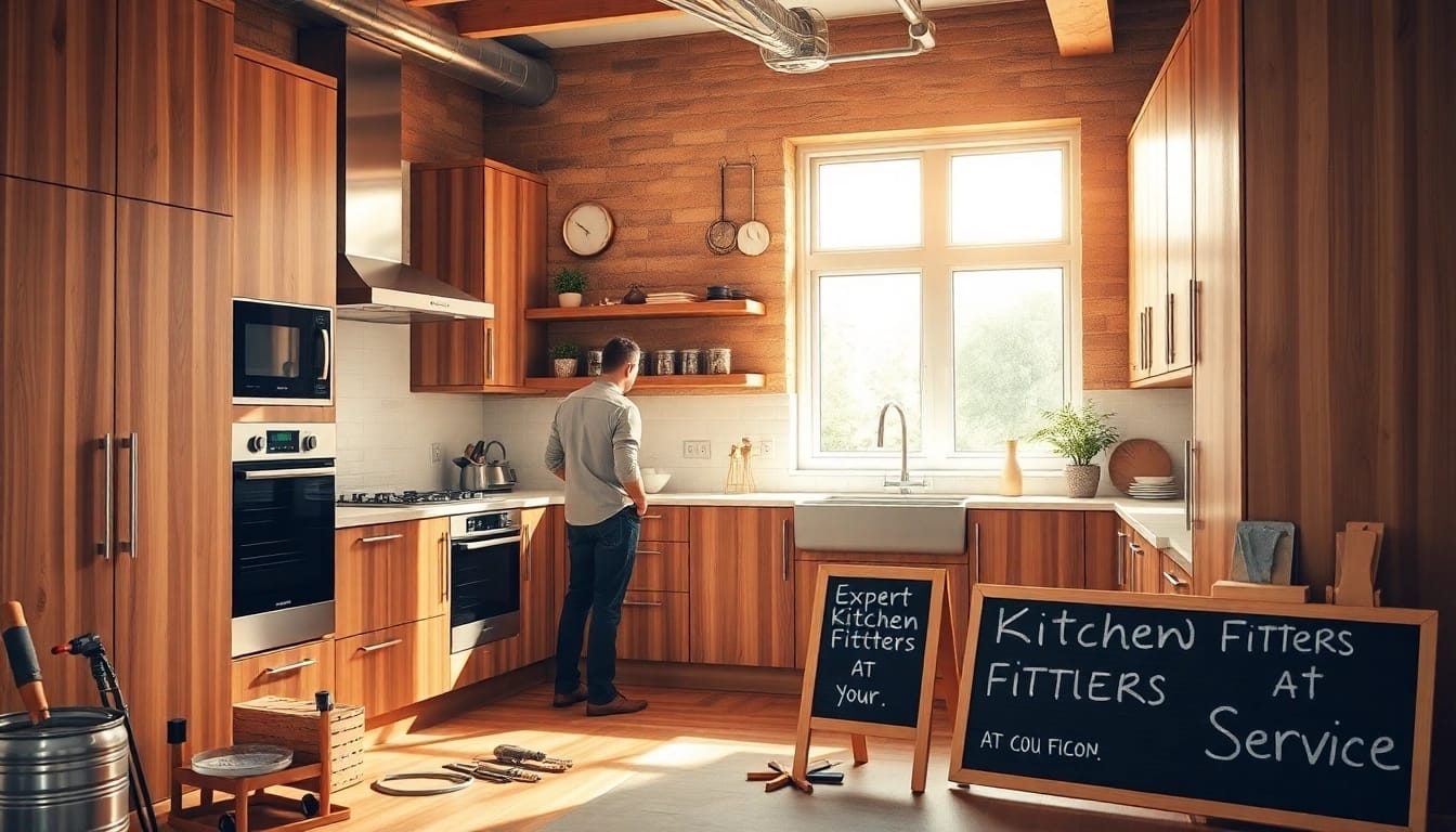 Skilled kitchen fitters installing modern cabinetry and appliances in a warm, inviting space.