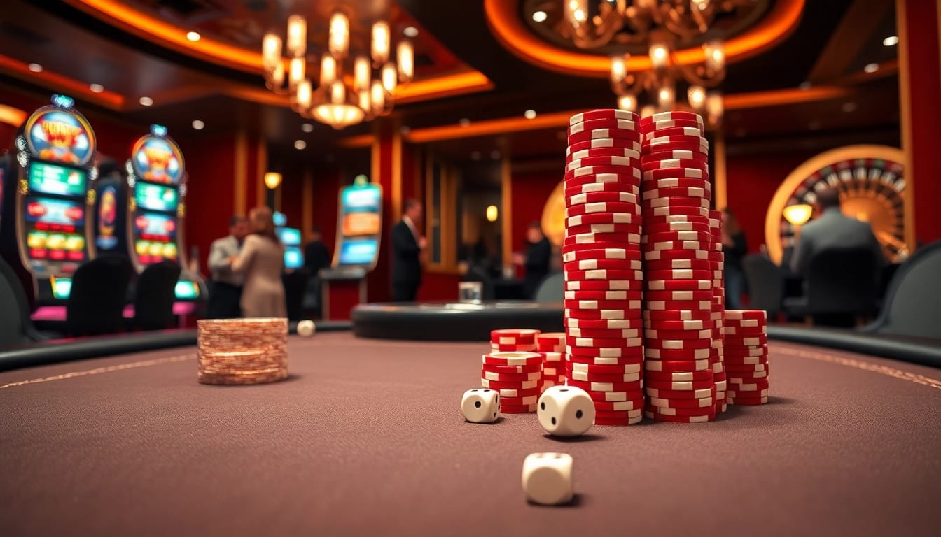 Experience gambling excitement at https://topxx88.com/ with a luxurious poker table and vibrant slot machines.