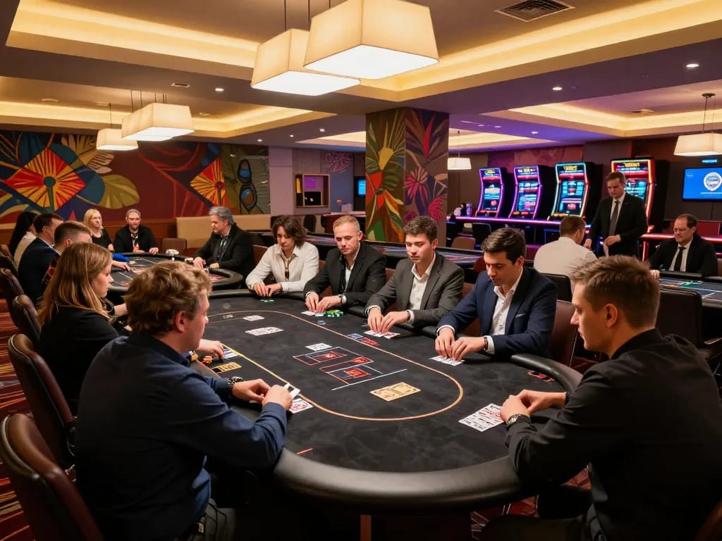 VT88 players engaged in strategic poker gameplay in a sophisticated casino atmosphere