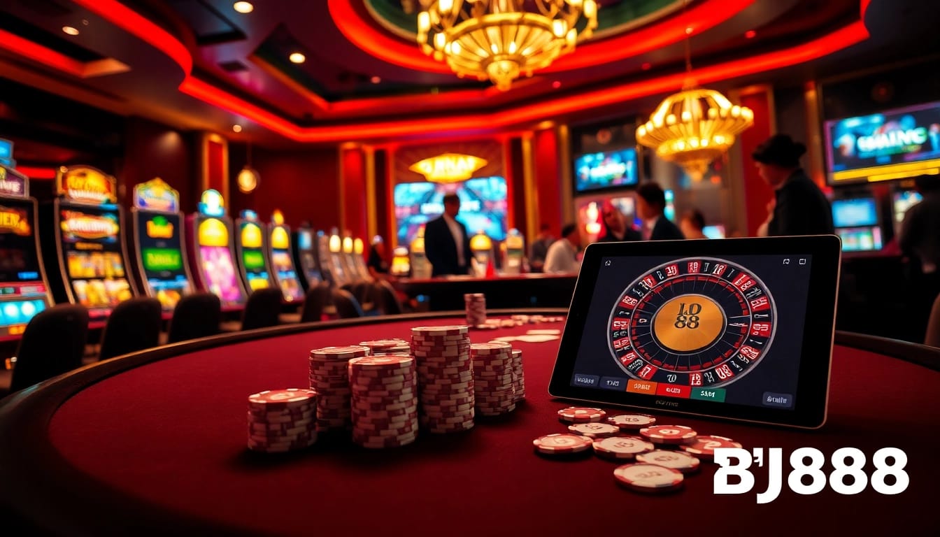 BJ88 poker table scene featuring colorful chips and cards in a vibrant casino atmosphere.