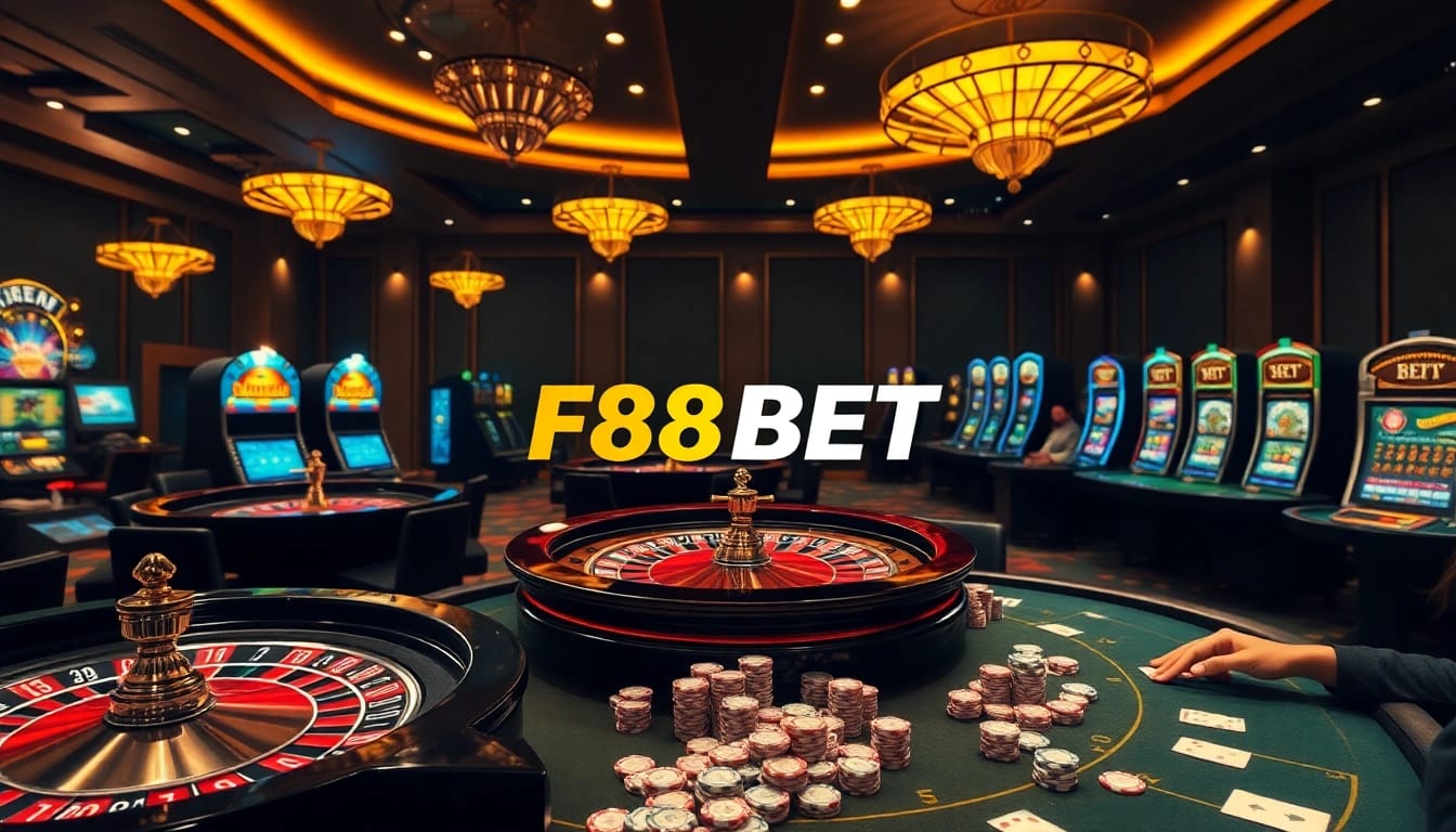 Experience thrilling gameplay at F88BET with vibrant casino elements in a luxurious setting.