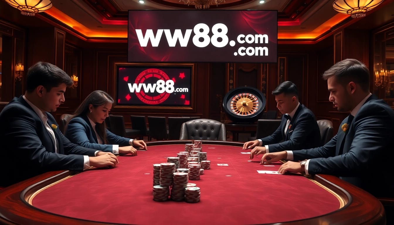 Players engaged in an intense poker game at a luxurious casino table featuring the ww88 com logo.