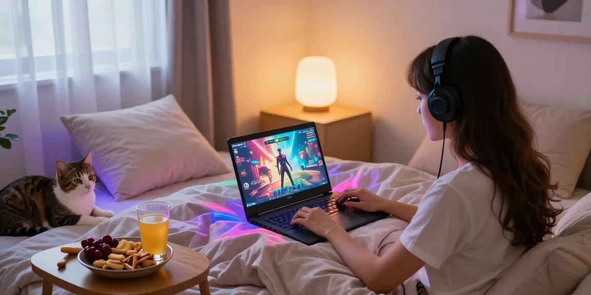 Excited player enjoying a real porn game on a laptop in a cozy bedroom setting with colorful lights.