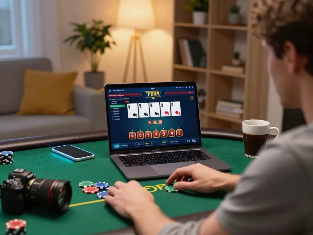 Engaging online poker game scene with 1u888com on display, showing thoughtful player decisions amidst cozy home setup.