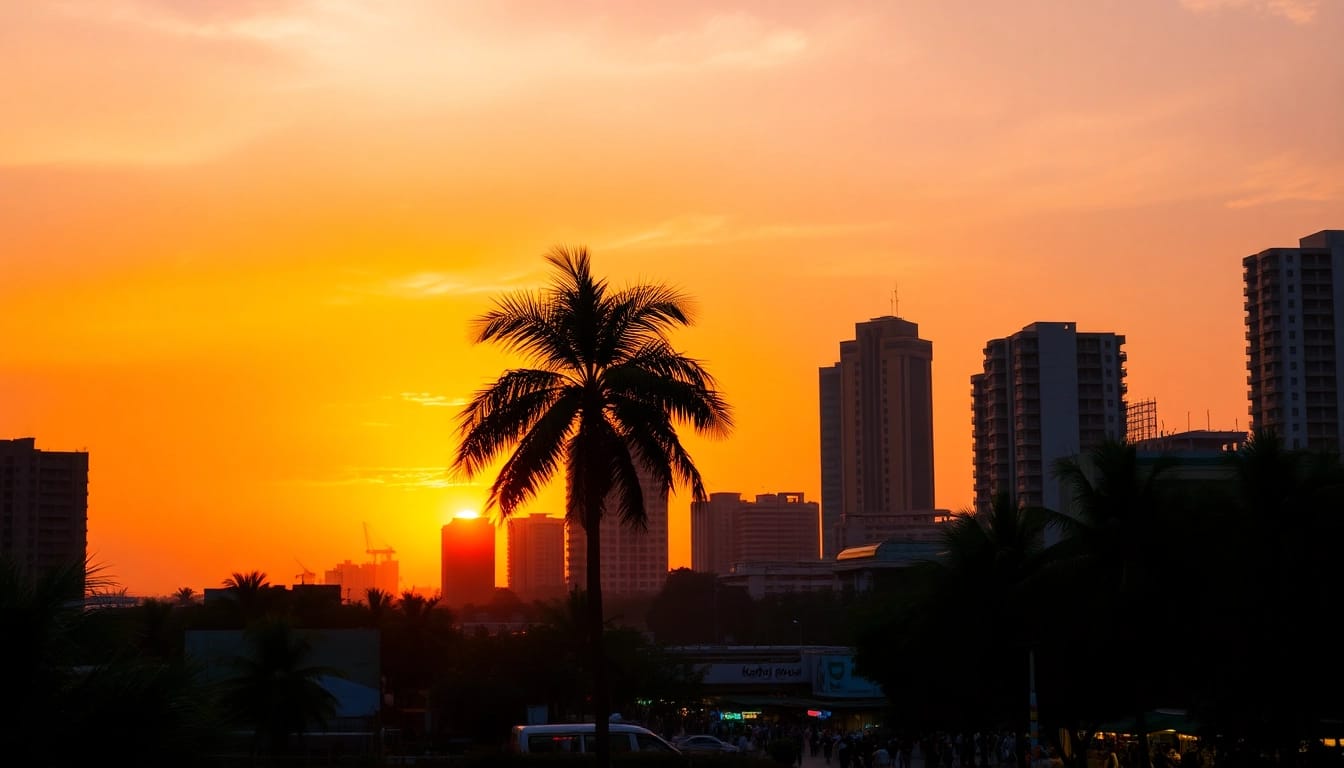 Capture Karachi's dazzling skyline at sunset with lively streets below.