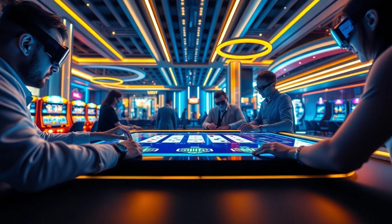 "Innovative New Technology in gambling - futuristic casino interface featuring touchscreen card games and engaged players."