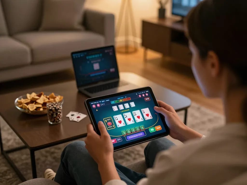 xnk88 player engaging in live dealer blackjack on a tablet in a cozy home setting